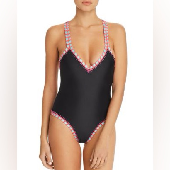 New Platinum Crochet Trim Black One Piece Swim Suit Size Medium Tie Back